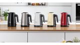 ComfortLine-Produktpalette mit Wasserkochern in verschiedenen Farben: Schwarz, Edelstahl, Weiß, Creme und Rot