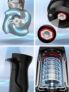 Un collage di quattro foto: una foto del frullatore durante l'uso, una foto del giunto in ceramica, una foto del manico ergonomico, e una foto del motore raffreddato ad aria.