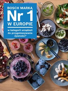 Różne naczynia z potrawami na stole oraz odznaka marki nr 1 w Europie.