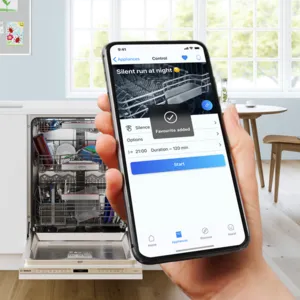 a mobile phone showing home connect application and a bosch dishwasher
