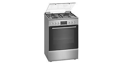 Steel-coloured gas cooker with black details on white background.