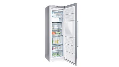 Open freezer in grey filled with food.