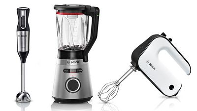 Steel-coloured hand blender with black and red details.