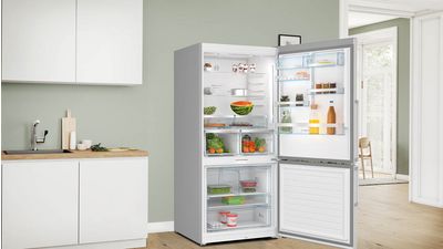 Freistehender XXL Kühlschrank, welcher offen steht und mit unterschiedlichen frischen Lebensmiteln befüllt ist