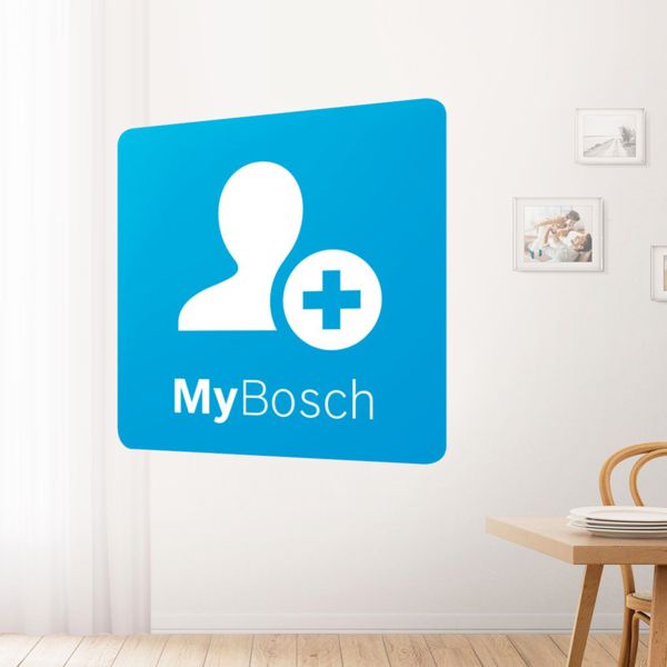Bright, modern living space with MyBosch icon in the foreground to represent MyBosch and its advantages.