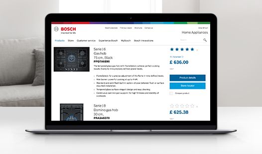 Computer portatile che mostra piani cottura a gas nel negozio online Bosch.