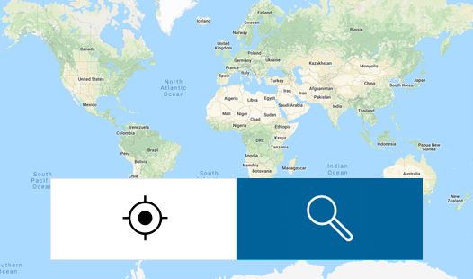 Weltkarte mit überlagertem Standort und Suchsymbolen repräsentiert die Bosch Händlersuche.