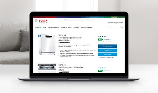 Laptop zobrazujúci umývačky riadu v online predajni Bosch.