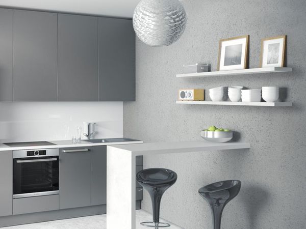 Petite cuisine grise élégante avec des placards épurés dans un décor mi-futuriste, mi-rétro
