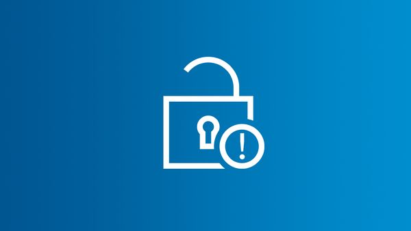 Icon of an open white padlock and an exclamation mark on a blue background.