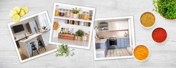 Полароидные фотографии различных эскизов дизайна для кухни на кухонном столе в окружении разноцветных трав и специй