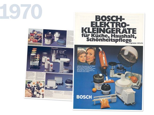 	Cover og detaljeside for et vintage-katalog med mindre Bosch hvidevarer