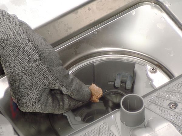 Osoba sprawdzająca pompę zmywarki marki Bosch pod kątem ciał obcych. 
