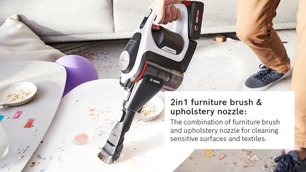2-i-1 møbelbørste & møbelmundstykke: Kombinationen af møbelbørste og møbelmundstykke er perfekt til rengøring af følsomme overflader og materialer.