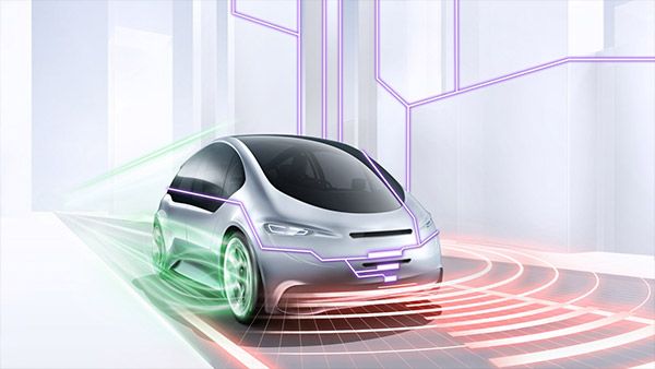 Drawing of a car with colored lines symbolizing the sensor technology
