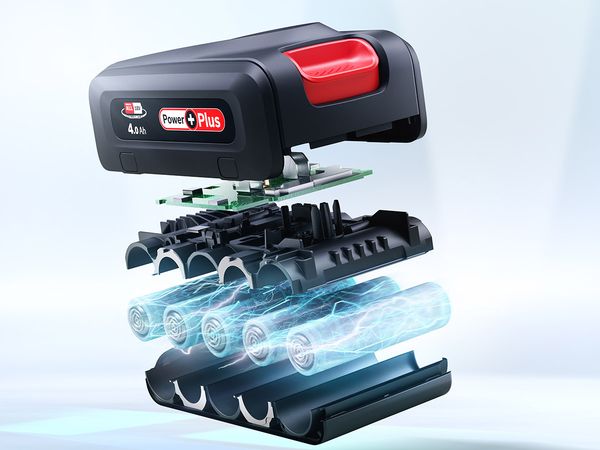 Rozstrzelony widok 18-woltowego akumulatora marki Bosch symbolizujący uznaną technologię litowo-jonową