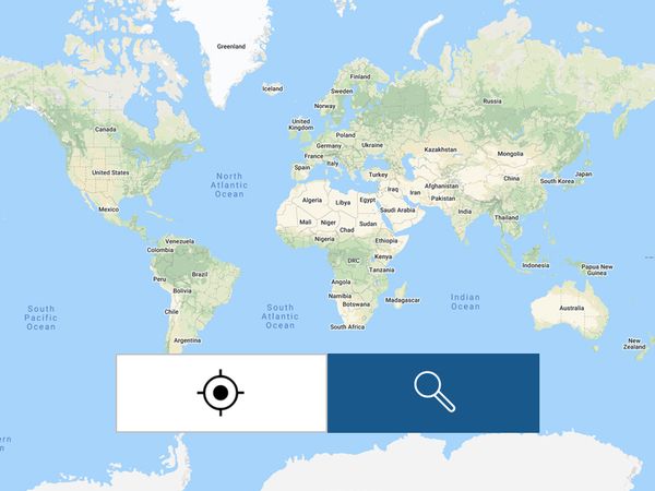 Une planisphère avec une icône recherche représentant l'outil de localisation de revendeur