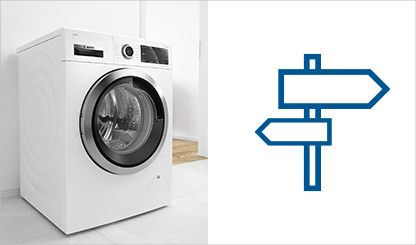 Bosch fritstående vaskemaskine og blåt skilteikon, der repræsenterer vejledning