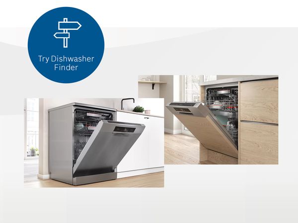 посудомоечная машина Bosch и синий указатель, символизирующий интерактивный инструмент по подбору приборов