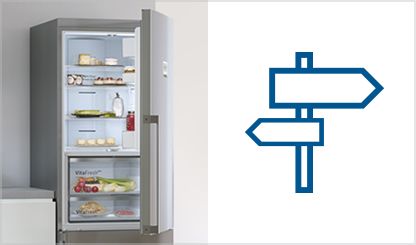 Segnaletica blu che simboleggia la Guida interattiva all'acquisto del frigorifero