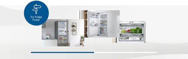 Schildsymbol und drei verschiedene Kühlschränken von Bosch mit offenen Türen stellen den Kühl-und-Gefrierschrank-Finder dar