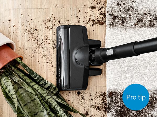 Ubrudzony dywan i podłoga z powodu przewróconej rośliny, odkurzacz Bosch ProPower sprząta bałagan
