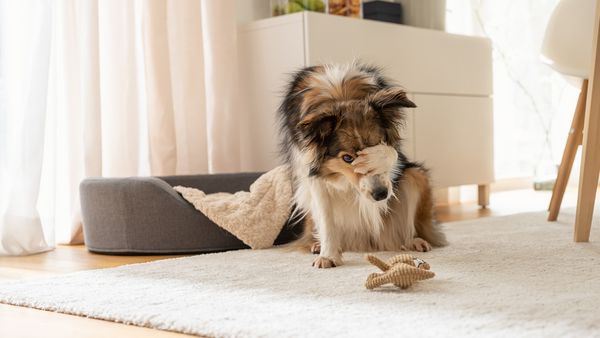 Eine flauschige Katze geht über einen beigen Teppich neben einem meergrünen Sofa.