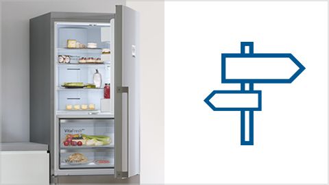 Bosch freestanding fridge and blue signpost icon symbolising the fridge finder
