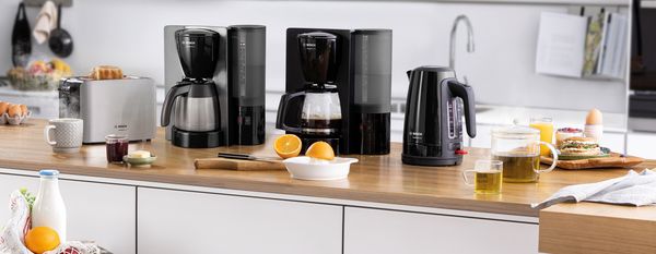 Bosch Comfort Line toaster coffeemaker kettle black stainless steel with toast coffee tea
