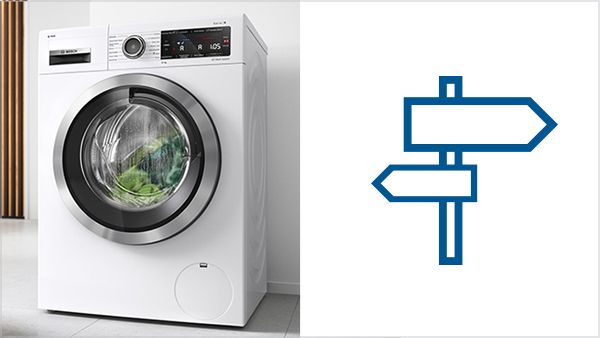 Bosch fritstående vaskemaskine ved siden af et blåt skilteikon, der symboliserer søgning efter vaskemaskine.