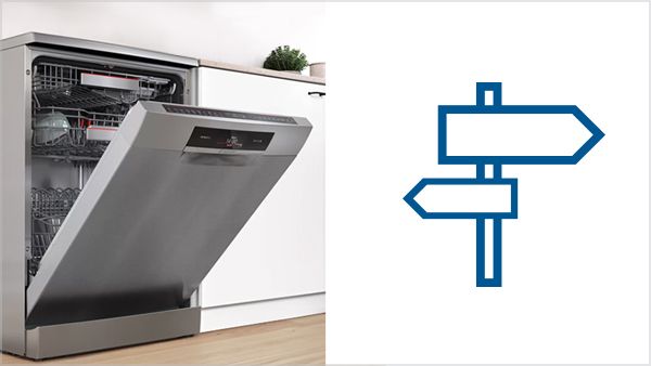 Freestanding Bosch dishwasher next to a signpost icon representing the Dishwasher Finder.