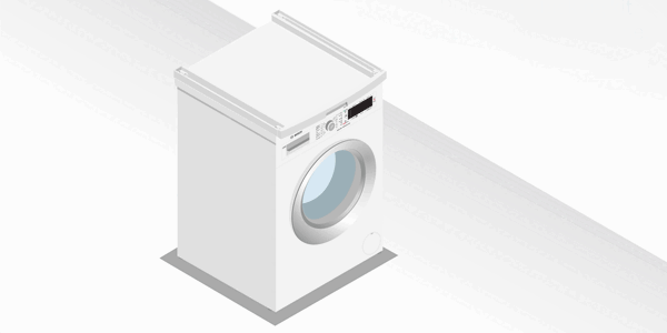 Short animation of placing the stacking kit onto a washing machine and levelling it.