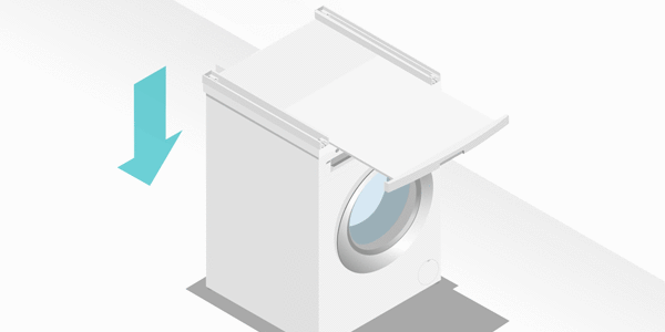 Lyhyt animaatio kuivausrummun asentamisesta pyykinpesukoneen päälle.