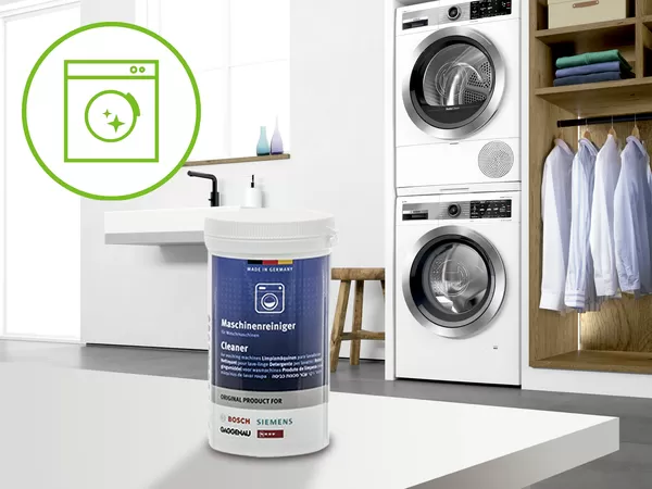 Bosch washing machine cleaner bottle placed in a clean, modern laundry space with a front‑loading washer in the background, emphasizing freshness and maintenance.