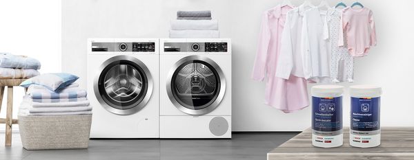 originalprodukter från Bosch för rengöring och avkalkning till tvättmaskin