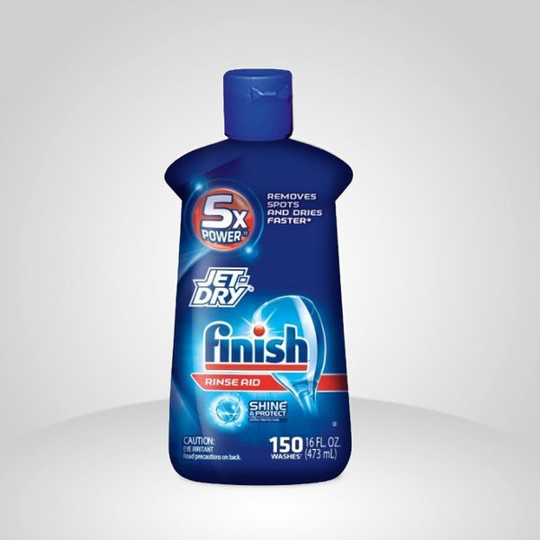 Bottle of Finish rinse aid against a white background.