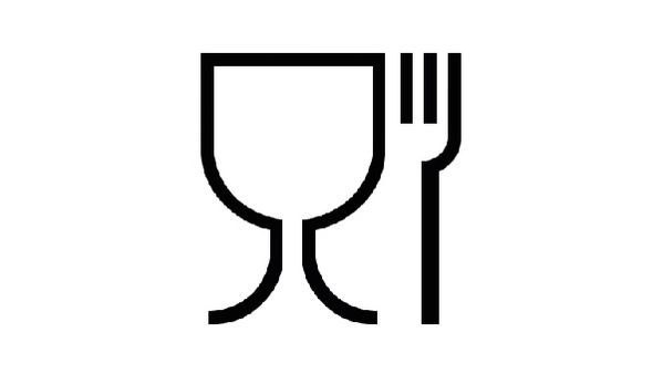 Simbolo idoneo al contatto con gli alimenti: un bicchiere di vino e una forchetta.
