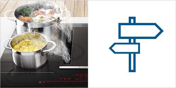Guide d'achat Interactif pour les table de cuisson Bosch montrant deux casseroles chaudes sur une table de cuisson à induction avec hotte intégrée.