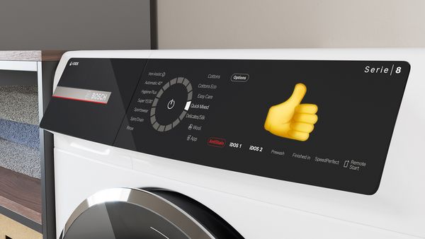 Bosch veļas mazgājamās mašīnas vadības panelis, uz kura redzams 400 apgr./min centrifugēšanas ātrums un vairākas mazgāšanas programmas.