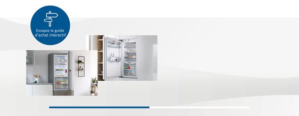 Icône de panneau routier et trois réfrigérateurs Bosch différents porte ouverte représentant l'Aide au choix interactive
