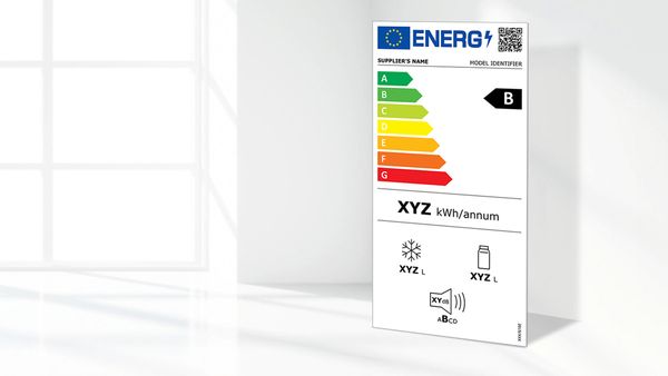 Ny energimerking for kjøleskap som viser effektivitetklassifisering B.