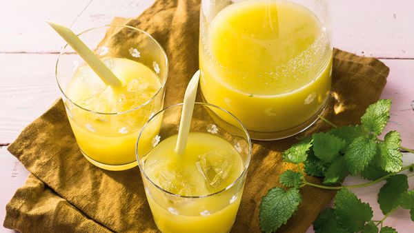 Dos vasos llenos de zumo amarillo dispuestos junto a un manojo de melisa.