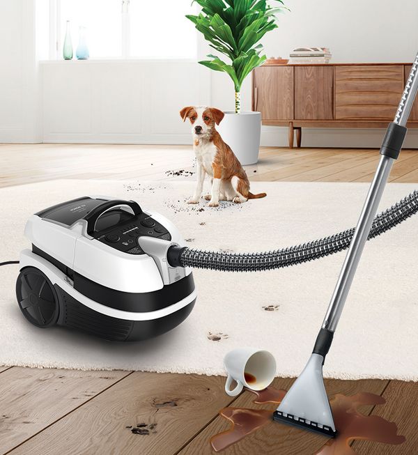  A wet & dry model vacuums an area rug.