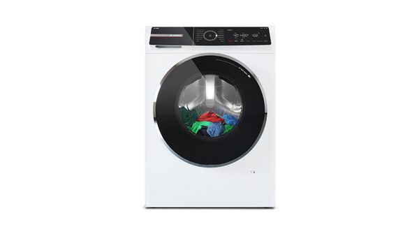 Bosch Waschmaschine in weiß mit bunter Wäsche.