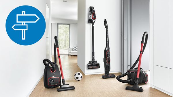 A range of Bosch vacuum cleaners in a hallway