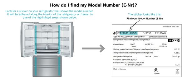 Bosch Model sticker and refrigeration model with highlighted areas