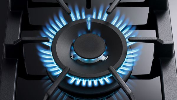 Close up of the dual flame burner of a gas hob.