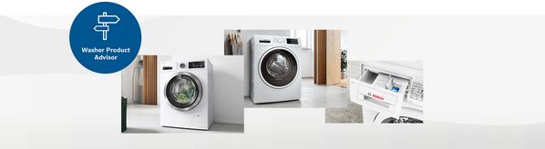 Signpost icon and three different Bosch washers represent the washer finder