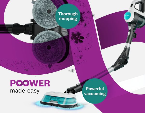 Power Spinning-kluter for aktiv flekkfjerning og Bosch Unlimited 7 ProHygienic Aqua med støvsuger og gulvvask-munnstykke med lett bøyd Flextube.