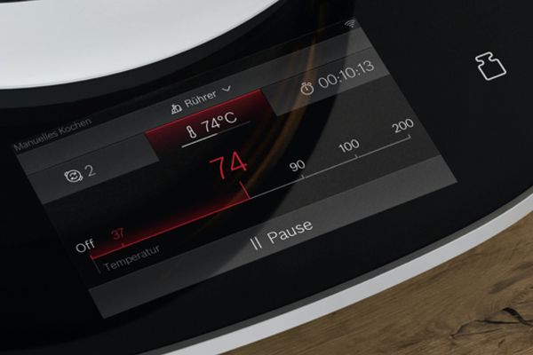 L'écran du Cookit de Bosch affiche le réglage de température manuel. 